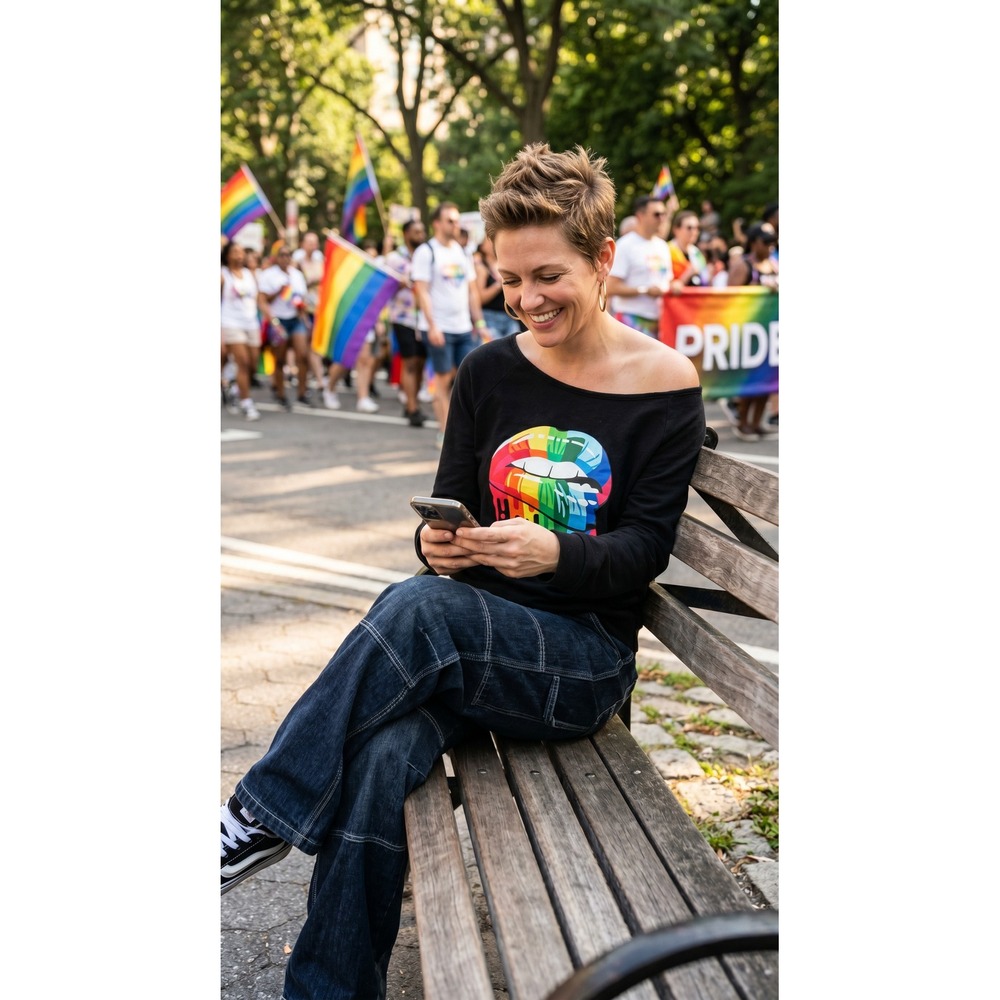 Magicmk Rainbow Lips OffShoulder Graphic‎ Sweatshirt M Pride LGBTQ Pop Art Edgy